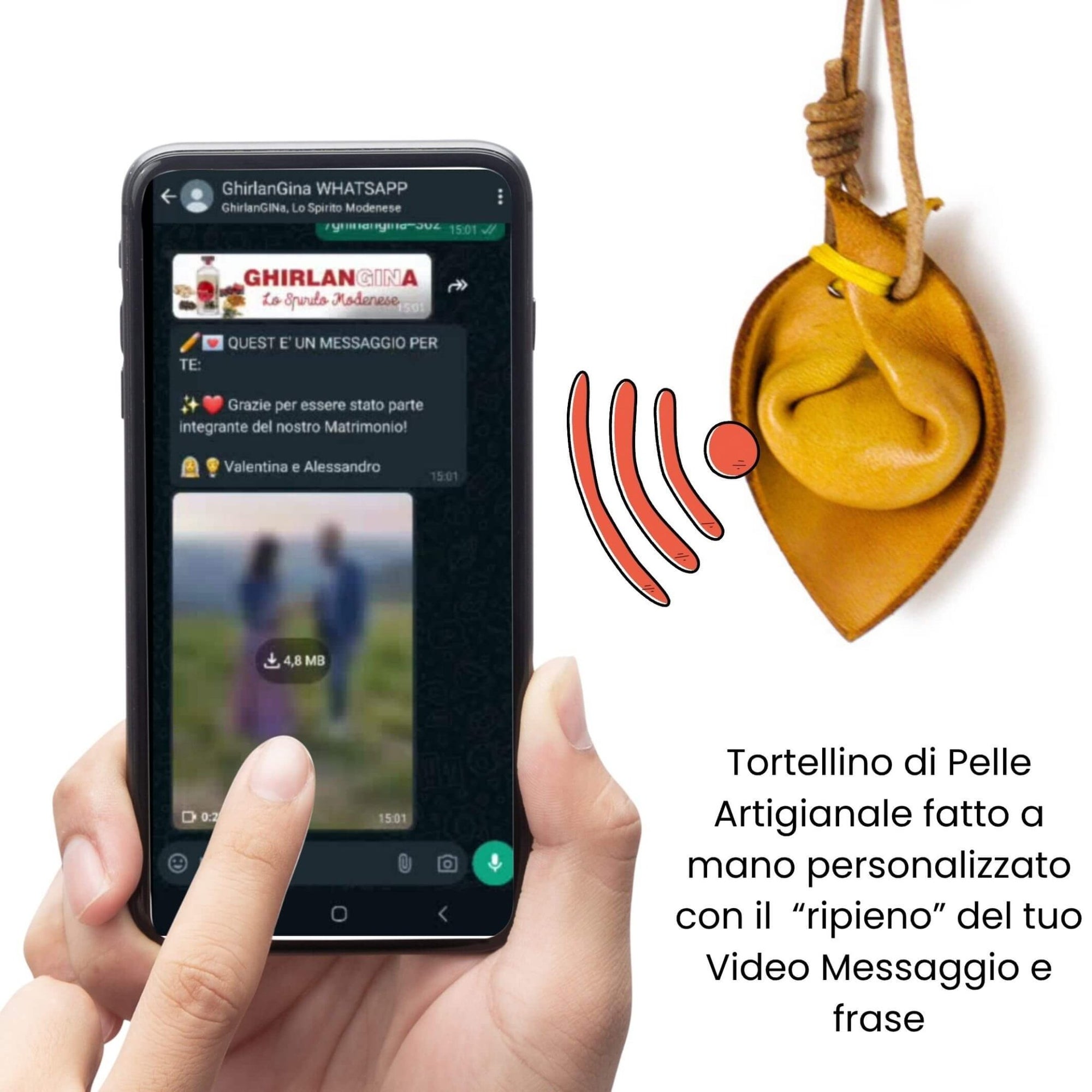 Portachiavi Tortellino di cuoio personalizzato con 🎥 Videomessaggio - Artigianale fatto a mano - GhirlanGINa